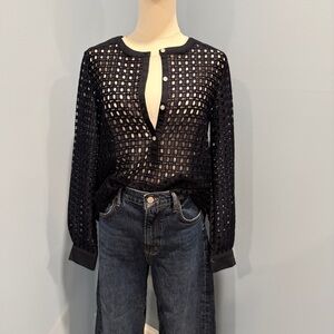 Banana Republic Navy Eyelet Button Front Blouse Sheer Textured Top Small